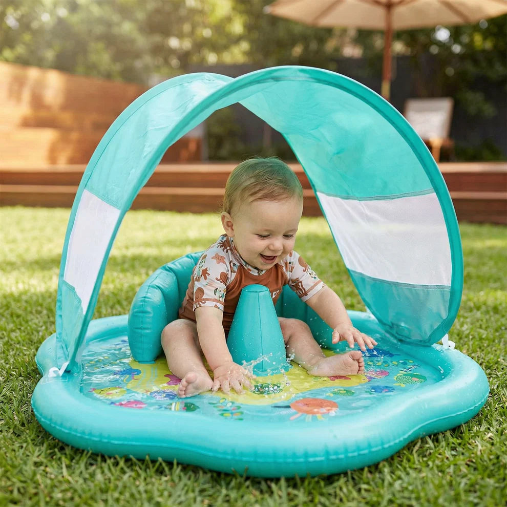 Alfombra acuática inflable para bebé con toldo y protección solar